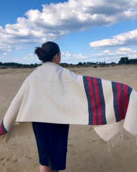 'Sao Lourenco' Poncho, Organic wool, White/Navy/Red-Jakker-School of Life Projects-Motorious Copenhagen